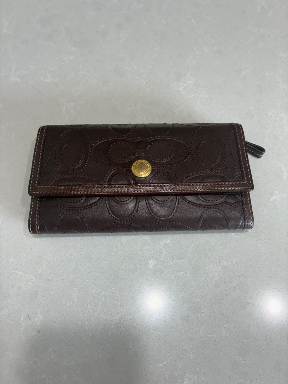 Coach Dark Brown Embossed Signature Leather Wallet with Gold Snap